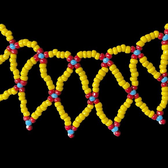 Vintage Yellow Blue Red Handmade Seed Bead Tribal Bib Collar Choker Necklace - Picture 5 of 6